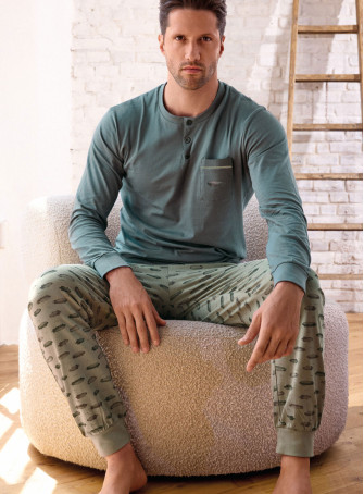 Pigiama uomo serafino in jersey di cotone con pantalone lungo con polsi Serie Airship INFIOREUOMO