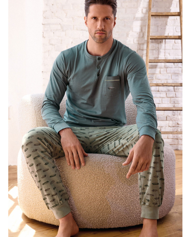 Pigiama uomo serafino in jersey di cotone con pantalone lungo con polsi Serie Airship INFIOREUOMO