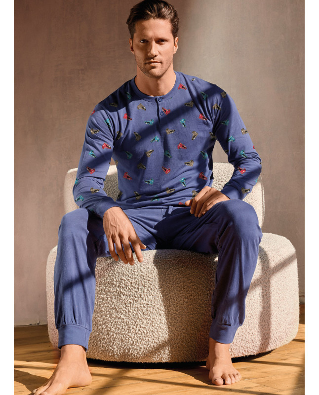 Pigiama uomo serafino manica lunga in jersey di cotone con pantalone lungo con polsi Serie Jogging INFIOREUOMO