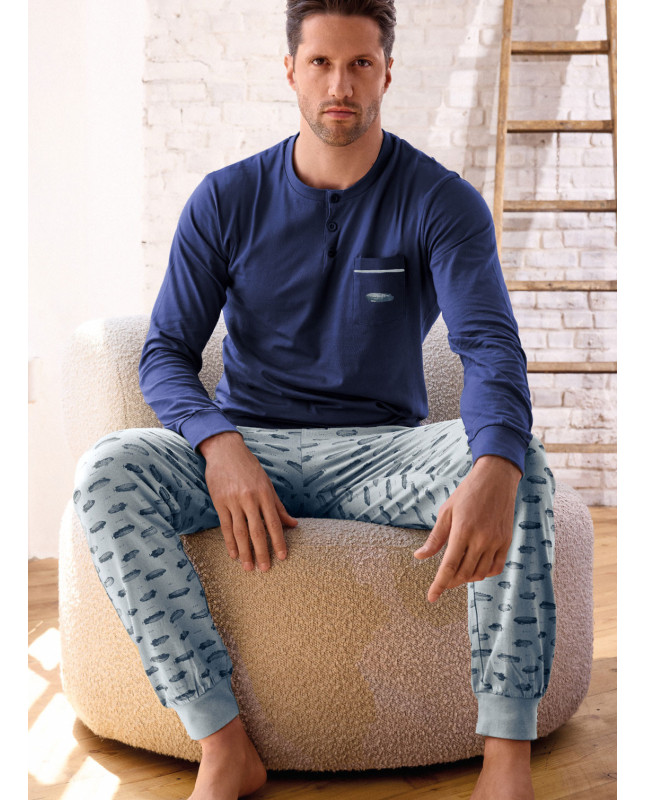 Pigiama uomo serafino in jersey di cotone con pantalone lungo con polsi Serie Airship INFIOREUOMO