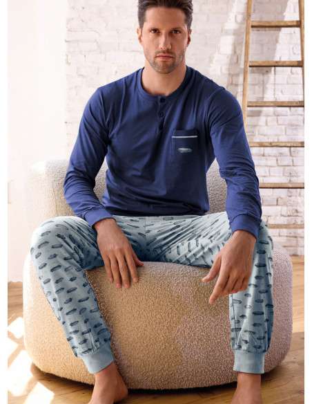 Pigiama uomo serafino in jersey di cotone con pantalone lungo con polsi Serie Airship INFIOREUOMO