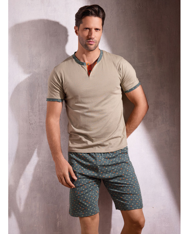 Pigiama uomo serafino mezza manica in jersey di cotone con shorts micro fantasia palmette Serie Oasi INFIOREUOMO