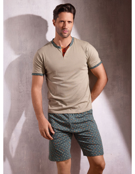 Pigiama uomo serafino mezza manica in jersey di cotone con shorts micro fantasia palmette Serie Oasi INFIOREUOMO