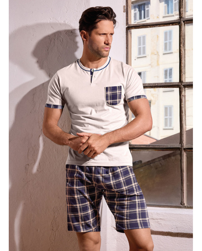 Pigiama uomo serafino mezza manica in jersey di cotone con shorts fantasia check Serie Chilling INFIOREUOMO