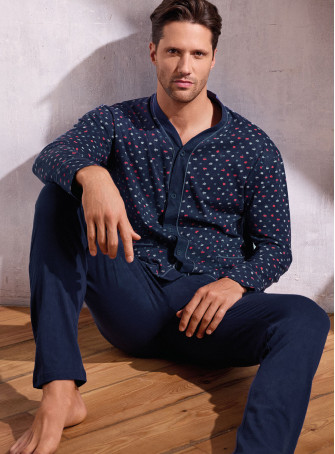 Pigiama uomo aperto manica lunga in jersey di cotone micro fantasia palmette con pantalone lungo Serie Oasi INFIOREUOMO