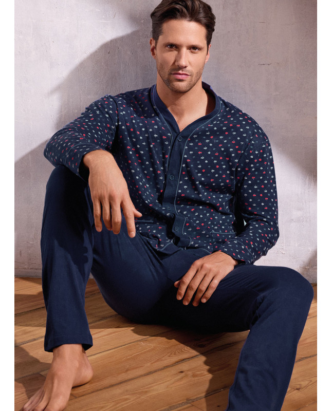 Pigiama uomo aperto manica lunga in jersey di cotone micro fantasia palmette con pantalone lungo Serie Oasi INFIOREUOMO