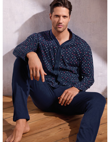 Pigiama uomo aperto manica lunga in jersey di cotone micro fantasia palmette con pantalone lungo Serie Oasi INFIOREUOMO