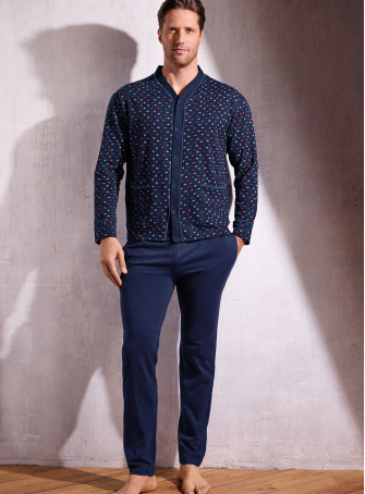 Pigiama uomo aperto manica lunga in jersey di cotone micro fantasia palmette con pantalone lungo Serie Oasi INFIOREUOMO 2