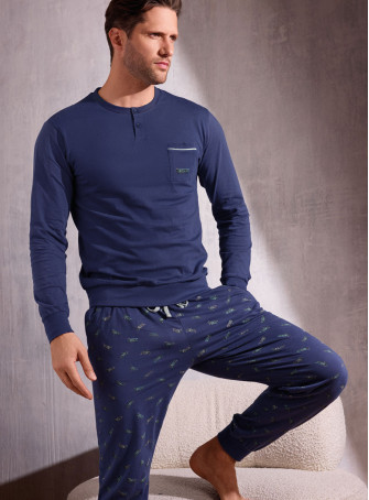 Pigiama uomo serafino manica lunga in jersey di cotone con pantalone lungo con polsi Serie Plane INFIOREUOMO