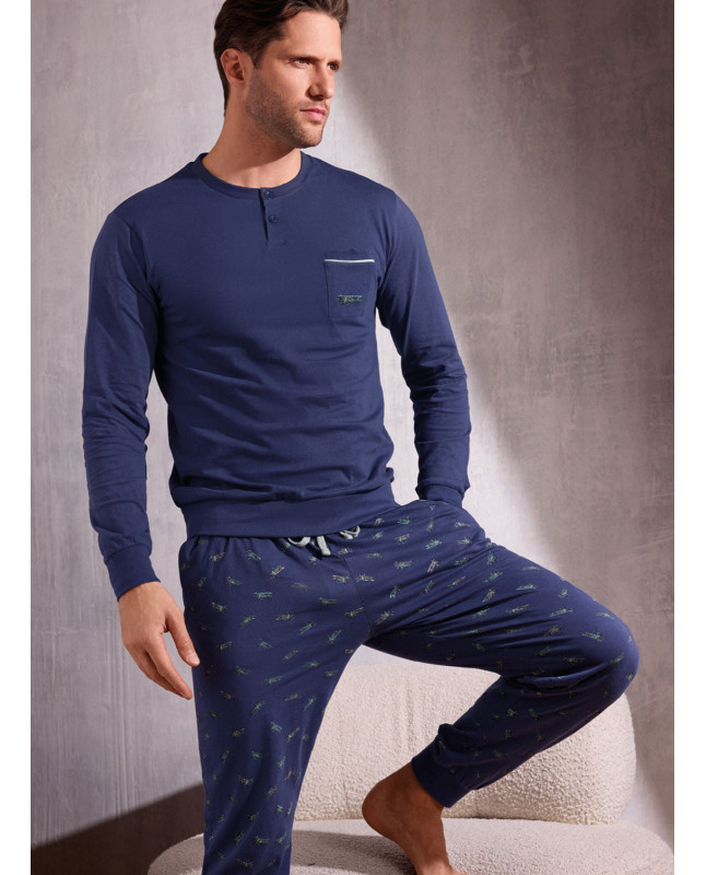 Pigiama uomo serafino manica lunga in jersey di cotone con pantalone lungo con polsi Serie Plane INFIOREUOMO