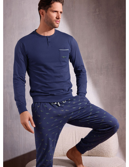 Pigiama uomo serafino manica lunga in jersey di cotone con pantalone lungo con polsi Serie Plane INFIOREUOMO