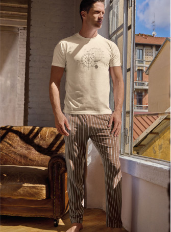 Pigiama girocollo uomo in jersey di cotone mezza manica con pantalone lungo a righe Serie World Trip INFIOREUOMO 2