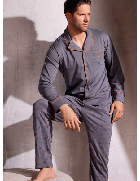 Pigiama uomo aperto manica lunga in jersey di cotone con pantalone lungo Serie Plane INFIOREUOMO