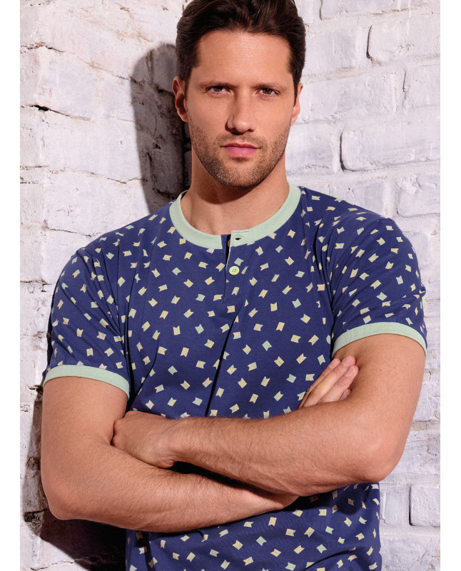 Men’s cotton jersey grandad pyjamas short sleeve with solid shorts Yacht collection INFIOREUOMO