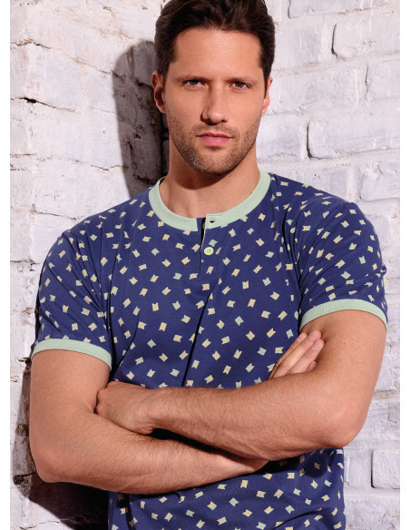 Men’s cotton jersey grandad pyjamas short sleeve with solid shorts Yacht collection INFIOREUOMO