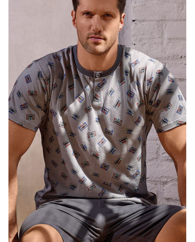 Men’s cotton jersey grandad pyjamas short sleeve with solid shorts Music Play collection INFIOREUOMO