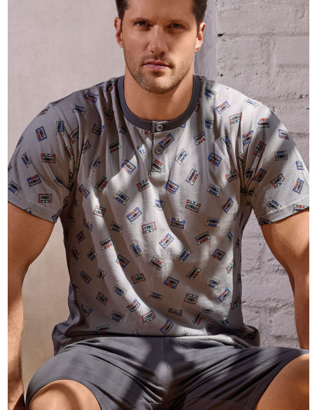 Men’s cotton jersey grandad pyjamas short sleeve with solid shorts Music Play collection INFIOREUOMO