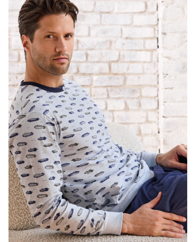Pigiama uomo serafino mezza manica in jersey di cotone con pantalone lungo con polsi Serie Airship INFIOREUOMO