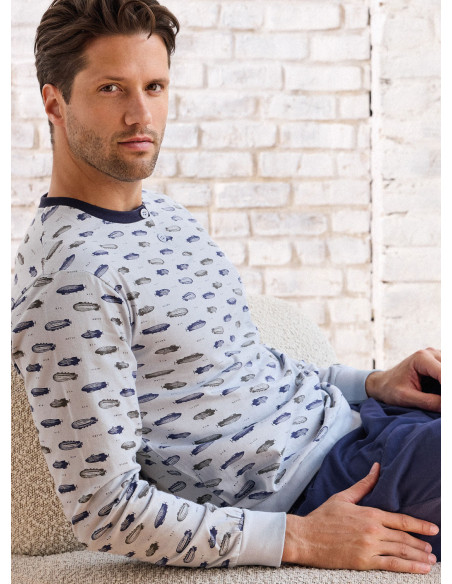 Pigiama uomo serafino mezza manica in jersey di cotone con pantalone lungo con polsi Serie Airship INFIOREUOMO