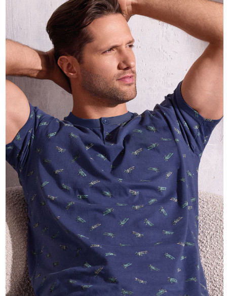 Pigiama uomo serafino mezza manica in jersey di cotone microfantasia aeroplani con shorts Serie Plane INFIOREUOMO