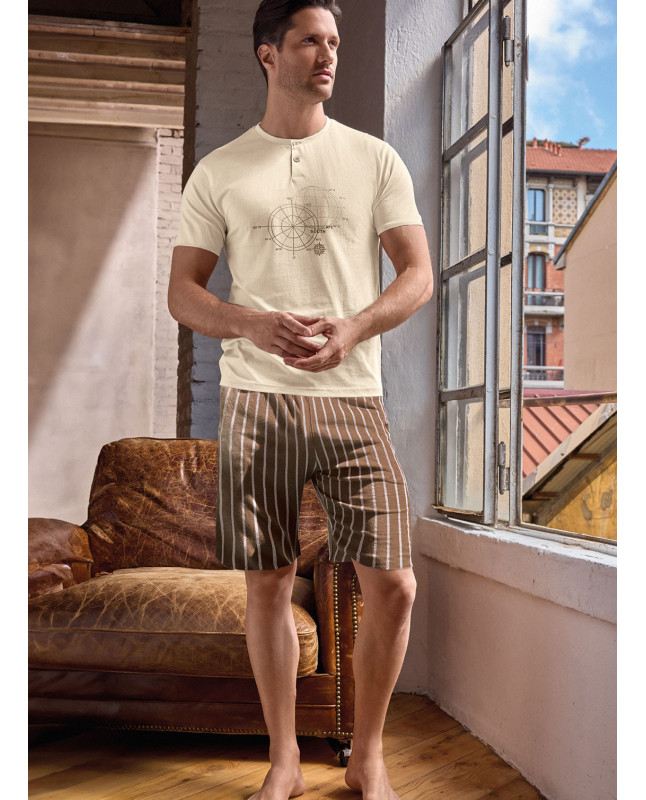 Men’s cotton jersey grandad pyjamas short sleeve with striped shorts World Trip collection INFIOREUOMO