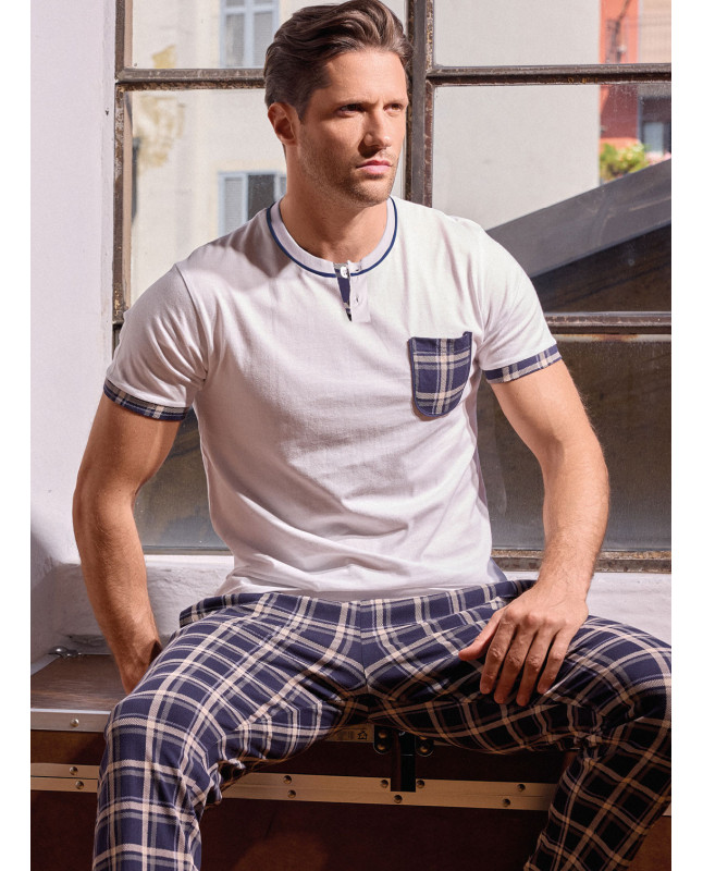 Pigiama uomo serafino manica lunga in jersey di cotone con pantalone lungo fantasia check Serie Chilling INFIOREUOMO