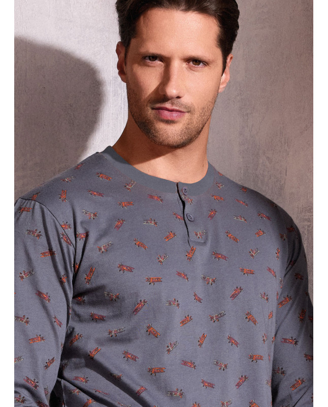 Pigiama uomo serafino in jersey di cotone con pantalone lungo con polsi Serie Plane INFIOREUOMO