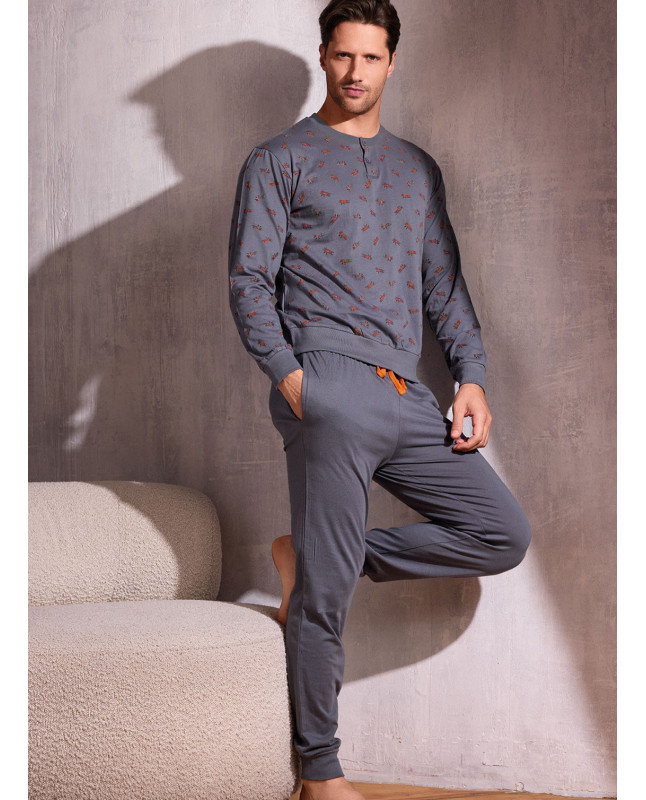 Pigiama uomo serafino in jersey di cotone con pantalone lungo con polsi Serie Plane INFIOREUOMO