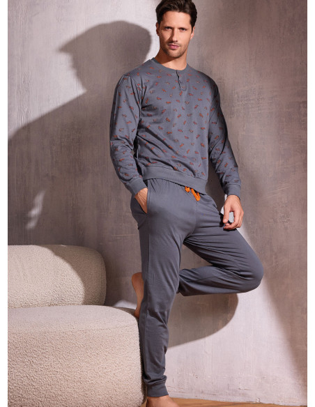 Pigiama uomo serafino in jersey di cotone con pantalone lungo con polsi Serie Plane INFIOREUOMO