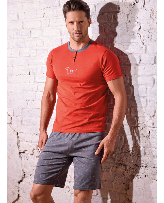 Men’s cotton jersey grandad pyjamas short sleeve with printed shorts Play Dog collection INFIOREUOMO