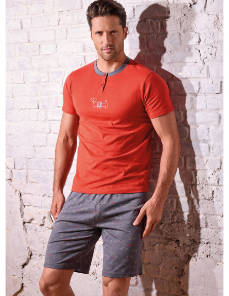 Men’s cotton jersey grandad pyjamas short sleeve with printed shorts Play Dog collection INFIOREUOMO