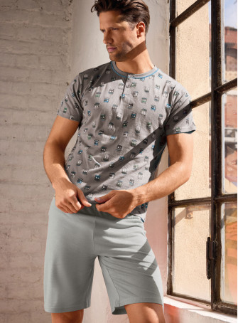 Pigiama uomo serafino mezza manica in jersey di cotone con shorts Serie Go Surf INFIOREUOMO