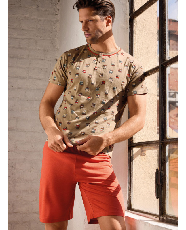 Pigiama uomo serafino mezza manica in jersey di cotone con shorts Serie Go Surf INFIOREUOMO