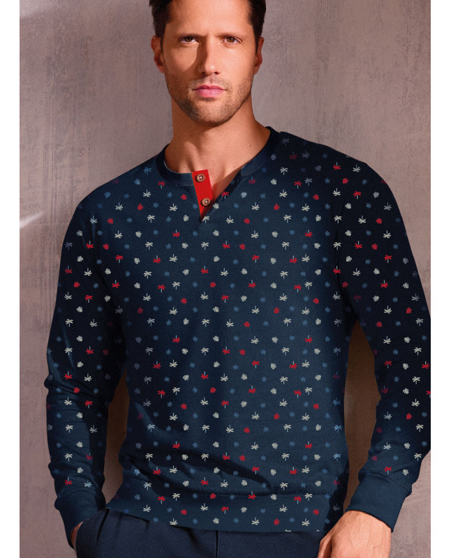 Pigiama uomo serafino manica lunga in jersey di cotone micro fantasia palmette con pantalone lungo con polsi