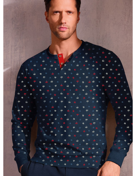 Pigiama uomo serafino manica lunga in jersey di cotone micro fantasia palmette con pantalone lungo con polsi