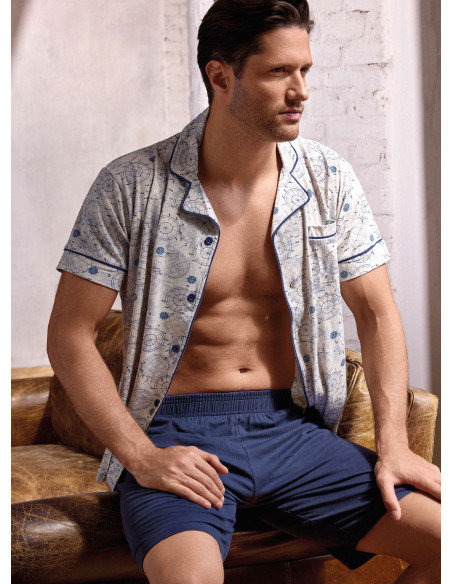 Pigiama aperto uomo mezza manica in jersey di cotone con pantalone corto Serie World Trip INFIOREUOMO