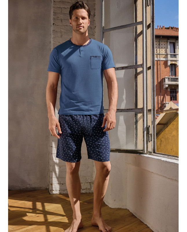 Pigiama uomo serafino mezza manica in jersey di cotone con shorts Serie Mikado INFIOREUOMO