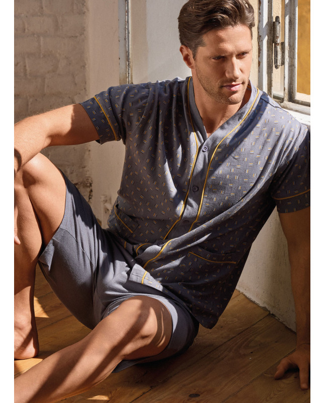 Men’s cotton jersey button-through pyjamas short sleeve with solid shorts Mikado collection INFIOREUOMO