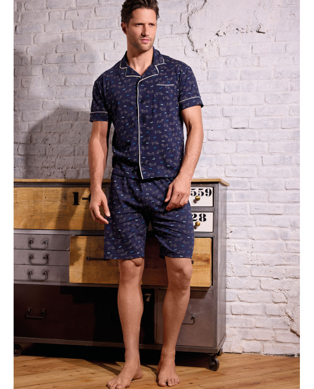 Pigiama uomo aperto mezza manica in jersey di cotone con shorts Serie Play Dog INFIOREUOMO