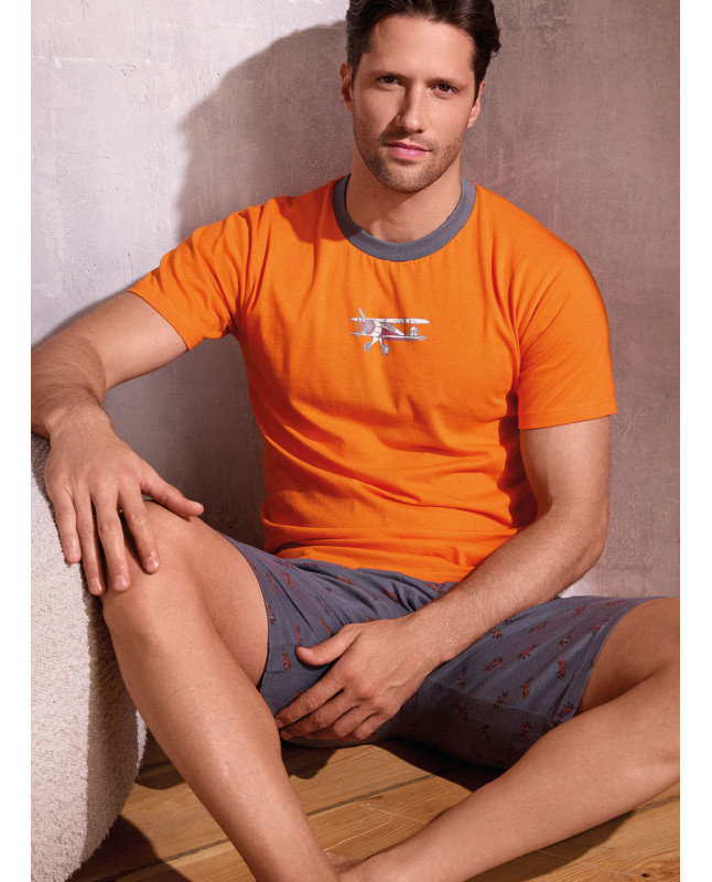 Pigiama uomo girocollo mezza manica in jersey di cotone con shorts Serie Plane INFIOREUOMO