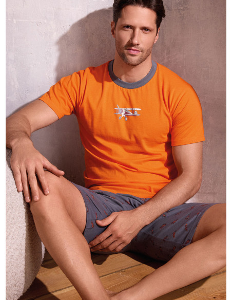 Pigiama uomo girocollo mezza manica in jersey di cotone con shorts Serie Plane INFIOREUOMO