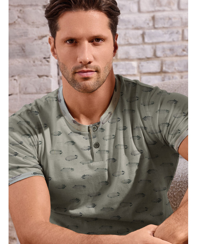 Men’s cotton jersey grandad pyjamas short sleeve with solid shorts Airship collection INFIOREUOMO