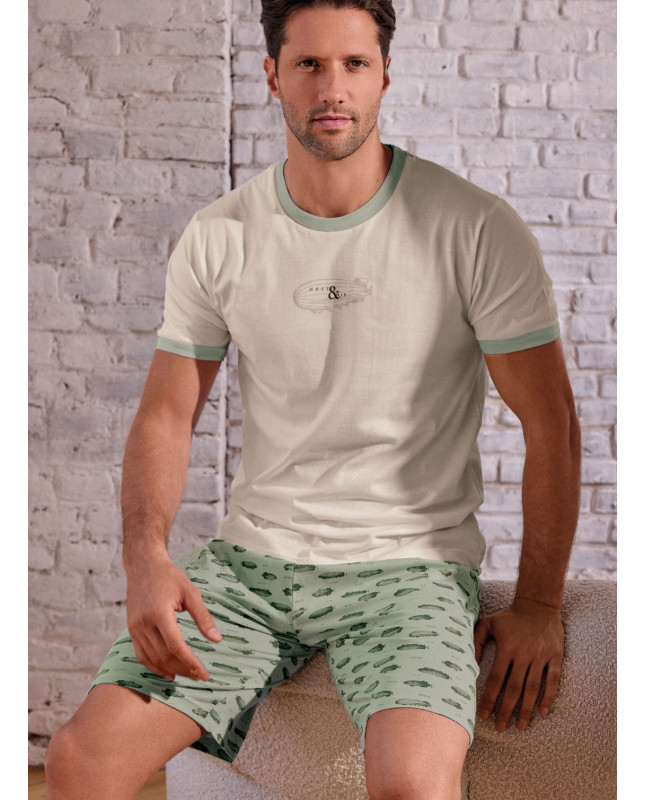 Men’s cotton jersey crew-neck pyjamas short sleeve with printed shorts Airship collection INFIOREUOMO
