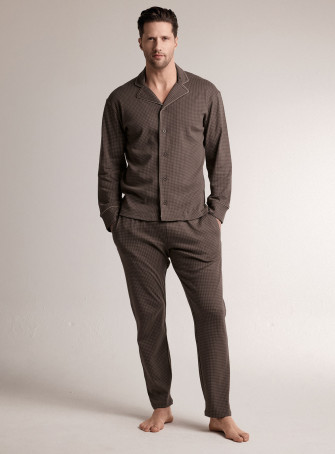Pigiama in interlock di cotone con maglia aperta a maniche lunghe e pantalone lungo dritto