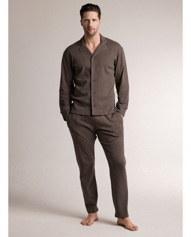 Pigiama in interlock di cotone con maglia aperta a maniche lunghe e pantalone lungo dritto