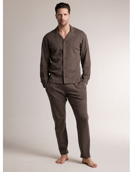 Pigiama in interlock di cotone con maglia aperta a maniche lunghe e pantalone lungo dritto