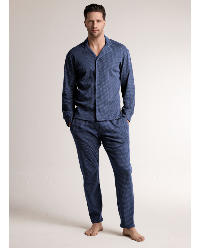 Pigiama in interlock di cotone con maglia aperta a maniche lunghe e pantalone lungo dritto
