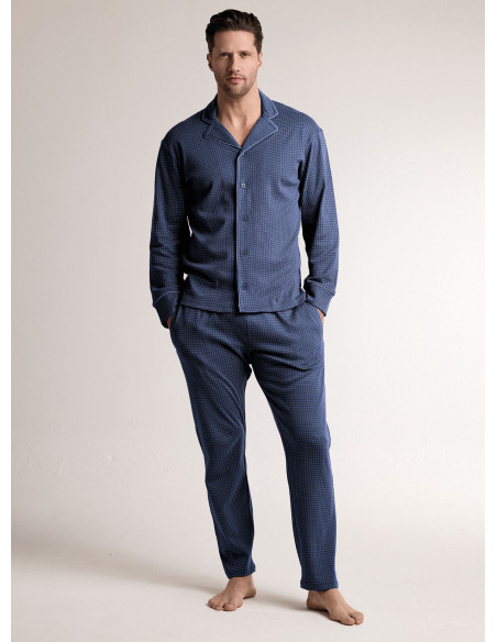 Pigiama in interlock di cotone con maglia aperta a maniche lunghe e pantalone lungo dritto