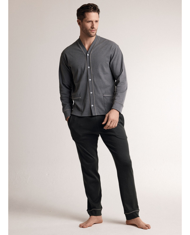 Pigiama in interlock di cotone con maglia aperta a maniche lunghe e pantalone lungo dritto