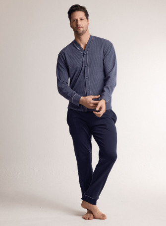 Pigiama in interlock di cotone con maglia aperta a maniche lunghe e pantalone lungo dritto